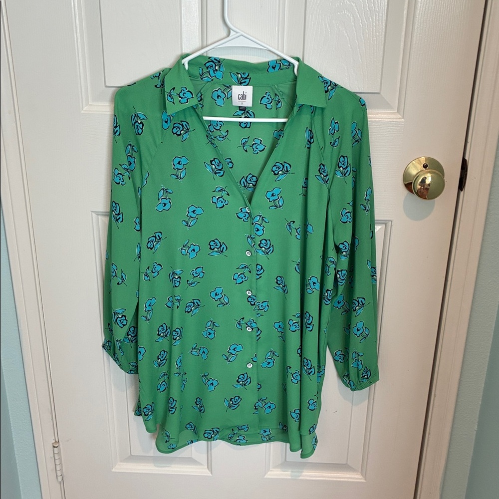 CAbi Green and Blue Floral Blouse